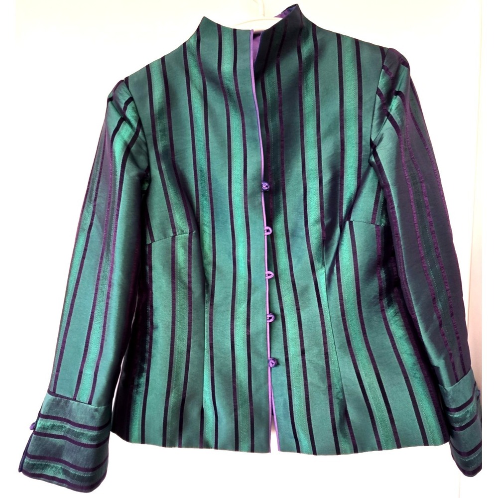 Silk Jacket Green Black Purple Striped Long Sleeves Mock Neck Knot Button Spring
